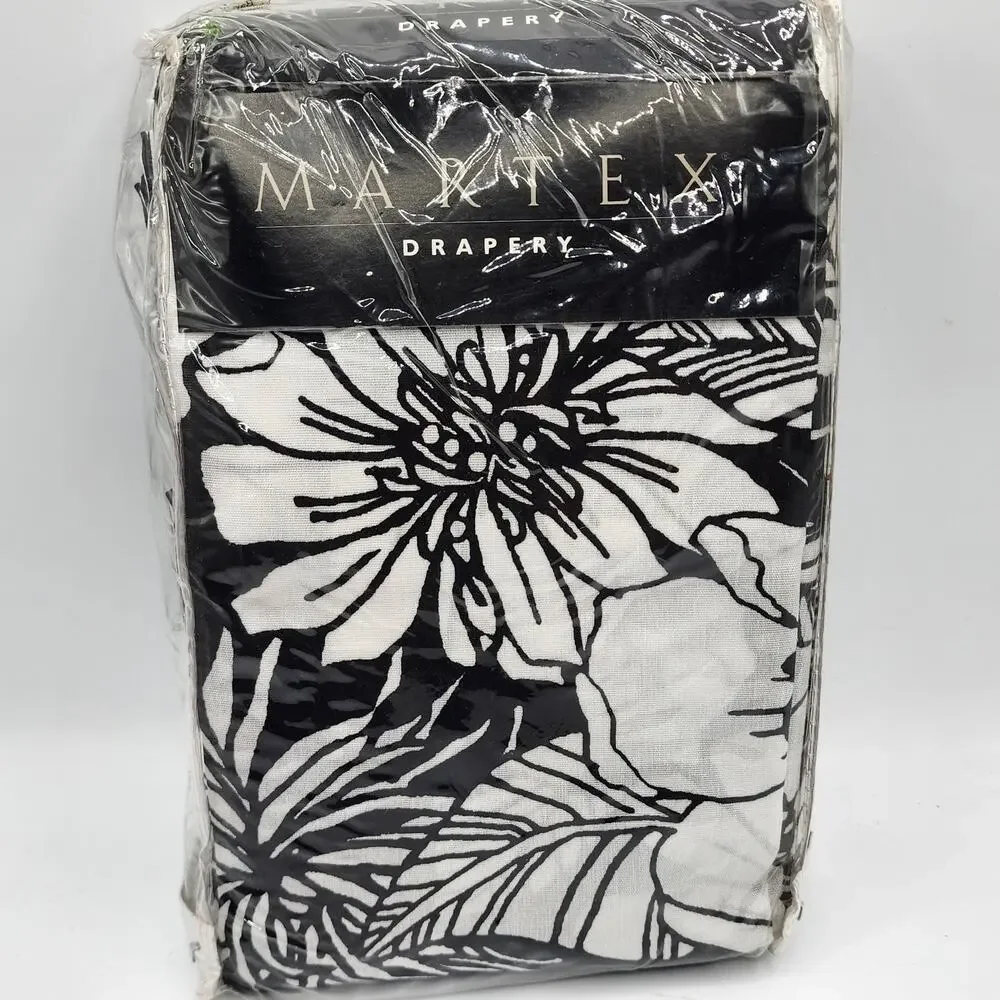VTG Martex Catalina Black White Floral Rod Pocket Drapes Curtains 84x84 Tiebacks